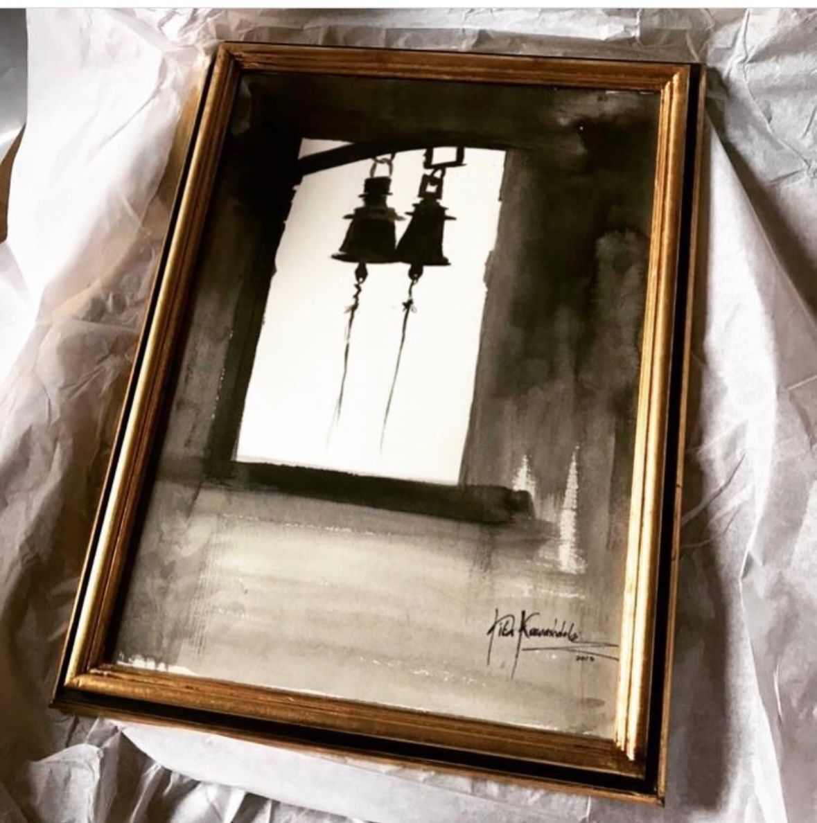 Framed watercolor painting of bells in silhouette by artist Rita Rawashdeh, inspired by her time in Florence