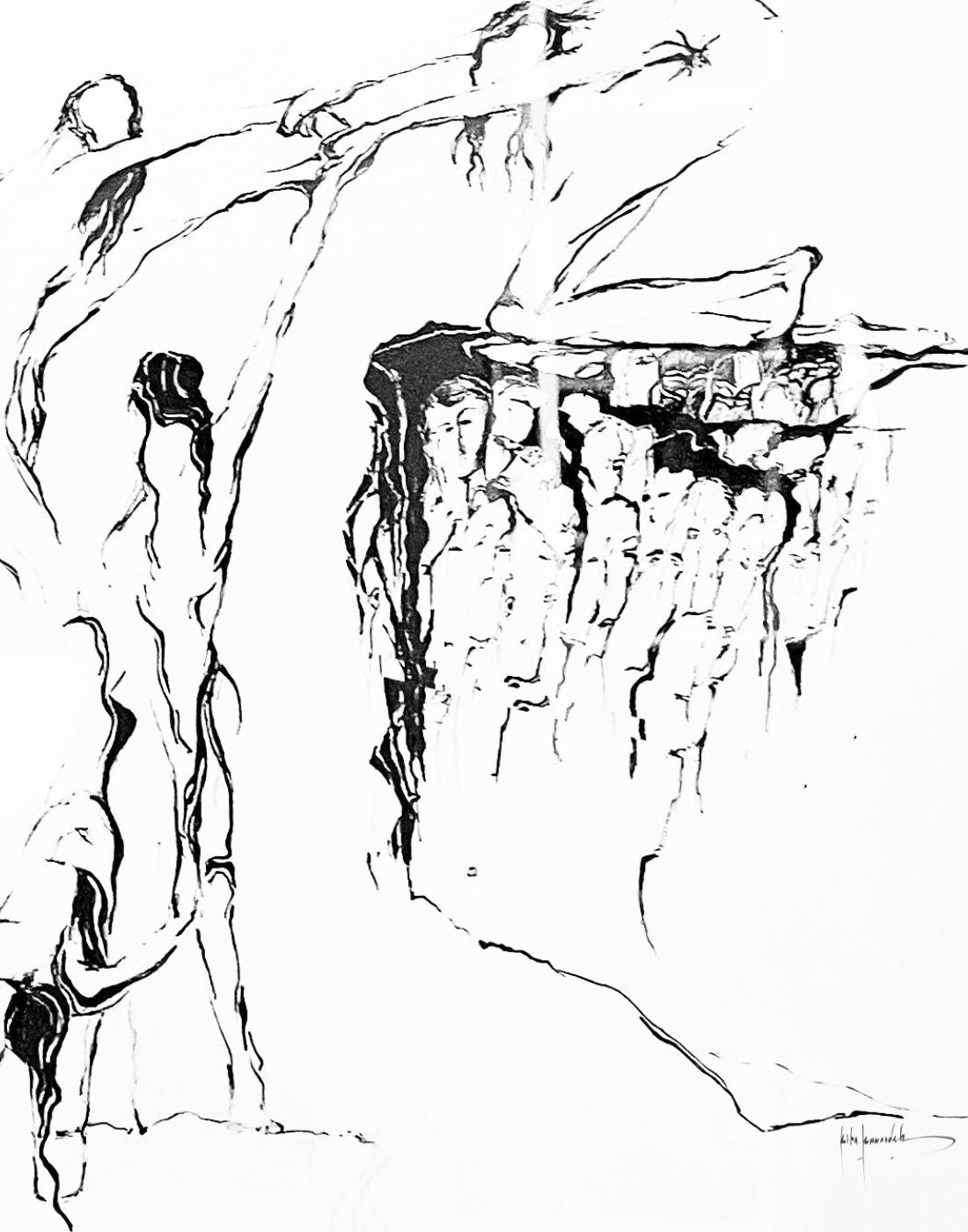 Black and white sketch of different faces that multiple by Rita Rawashdeh