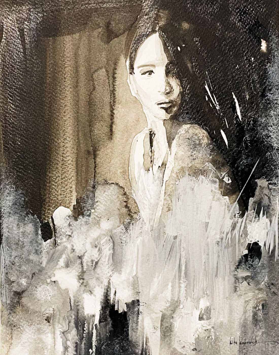 Abstract black and white painting of a person with a blurred background by Rita Rawashdeh