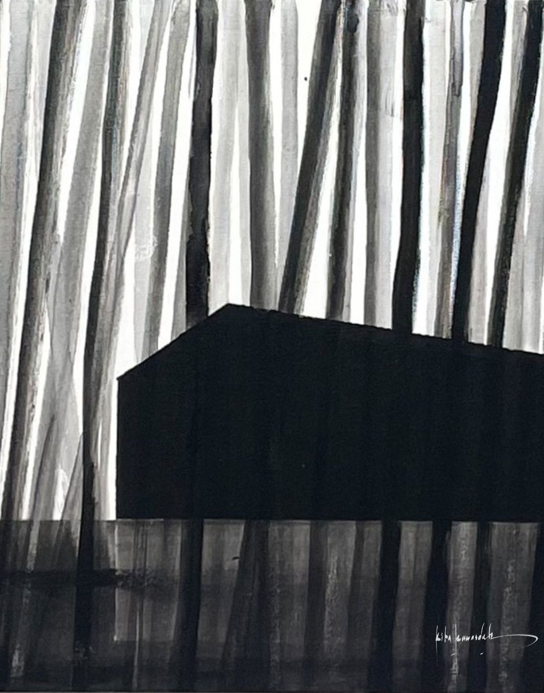 Black and white abstract painting with geometric shapes by Rita Rawashdeh