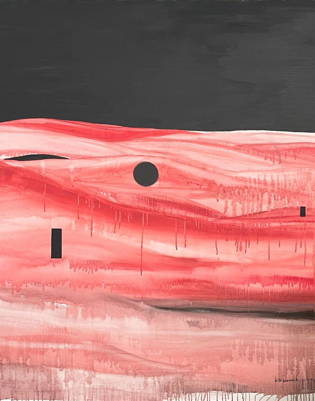 Abstract artwork with pink and red tones on a dark background by Rita Rawashdeh