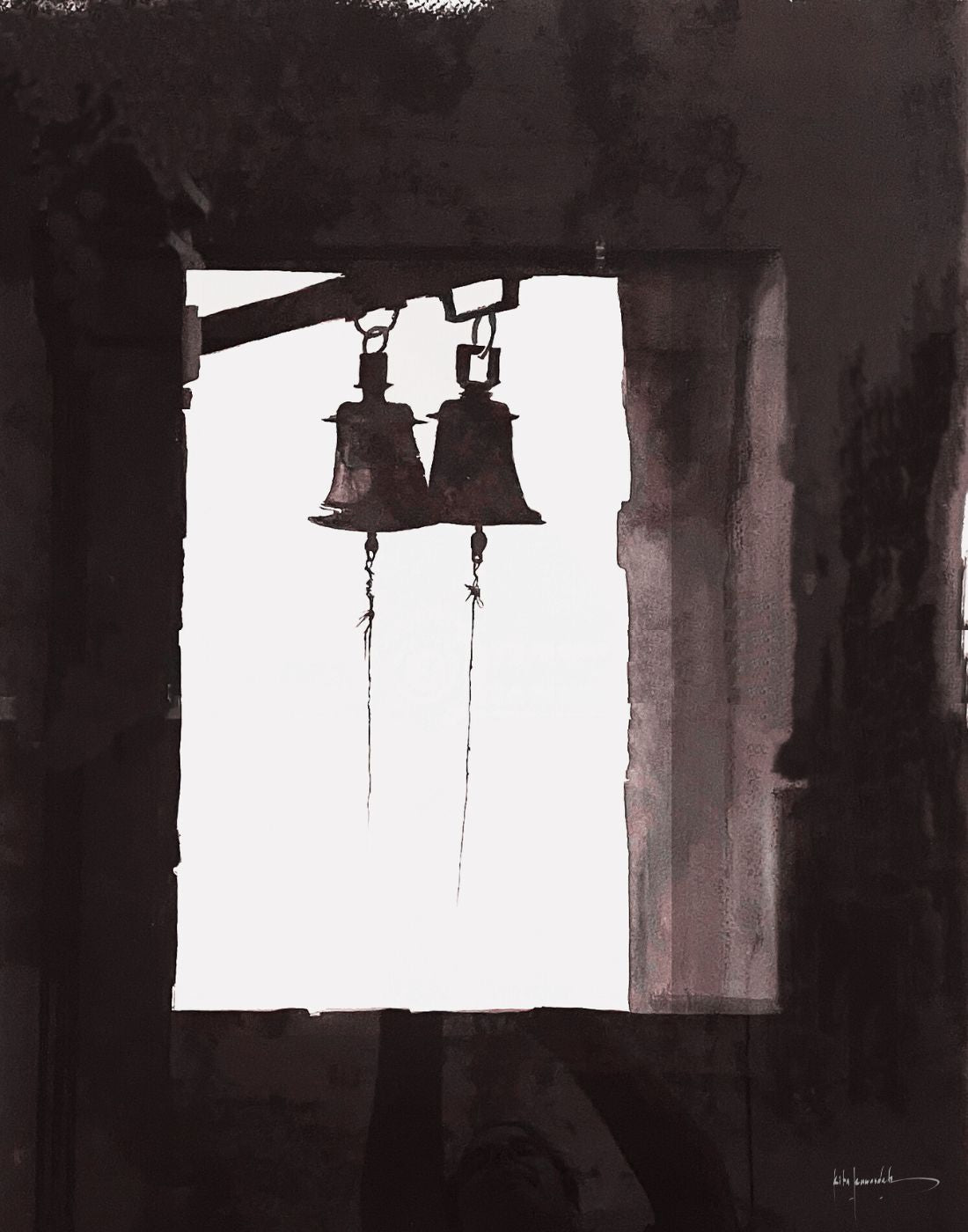 Black and white painting of two bells in Florence by Rita Rawashdeh
