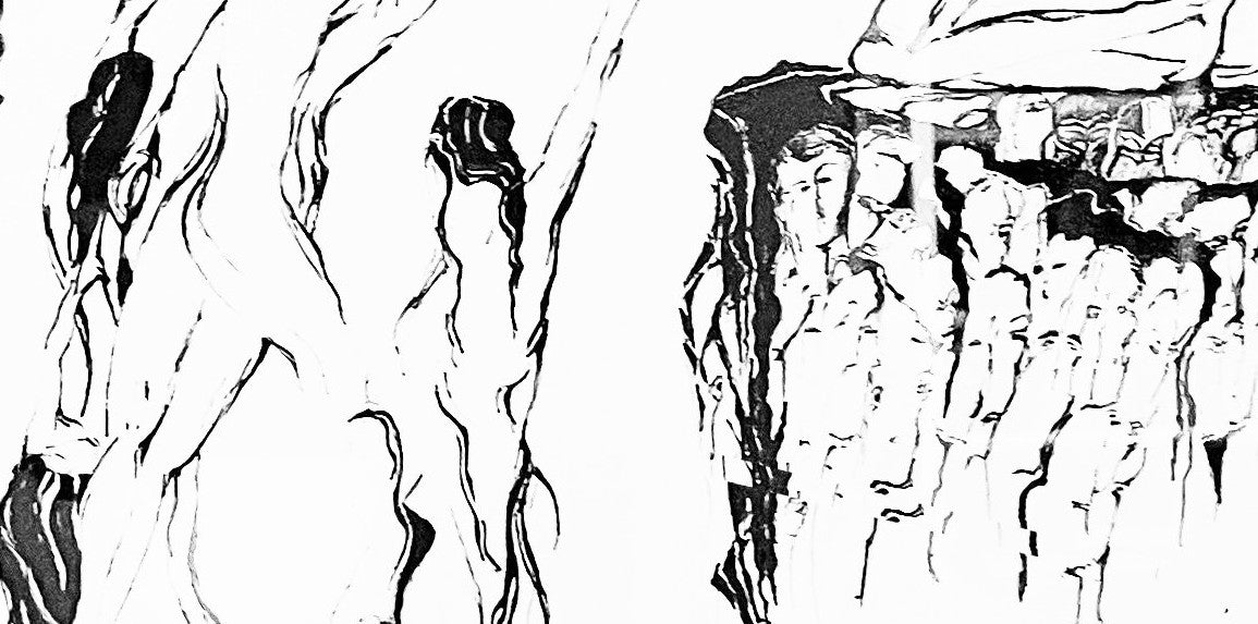 Abstract ink drawing by Rita Rawashdeh featuring layered, fragmented faces in black on white paper, exploring memory and emotional expression.